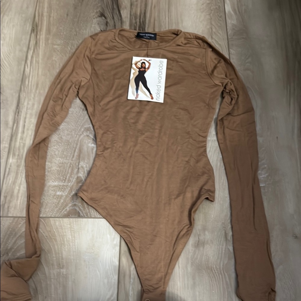 Naked Wardrobe Tan Long Sleeve Bodysuit